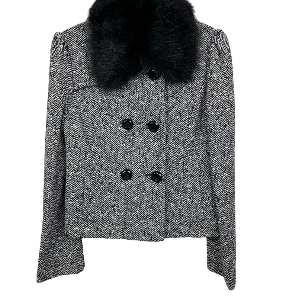 Nine West 8 Blazer Suit Jacket Herringbone Black Faux Fur Collar Detachable